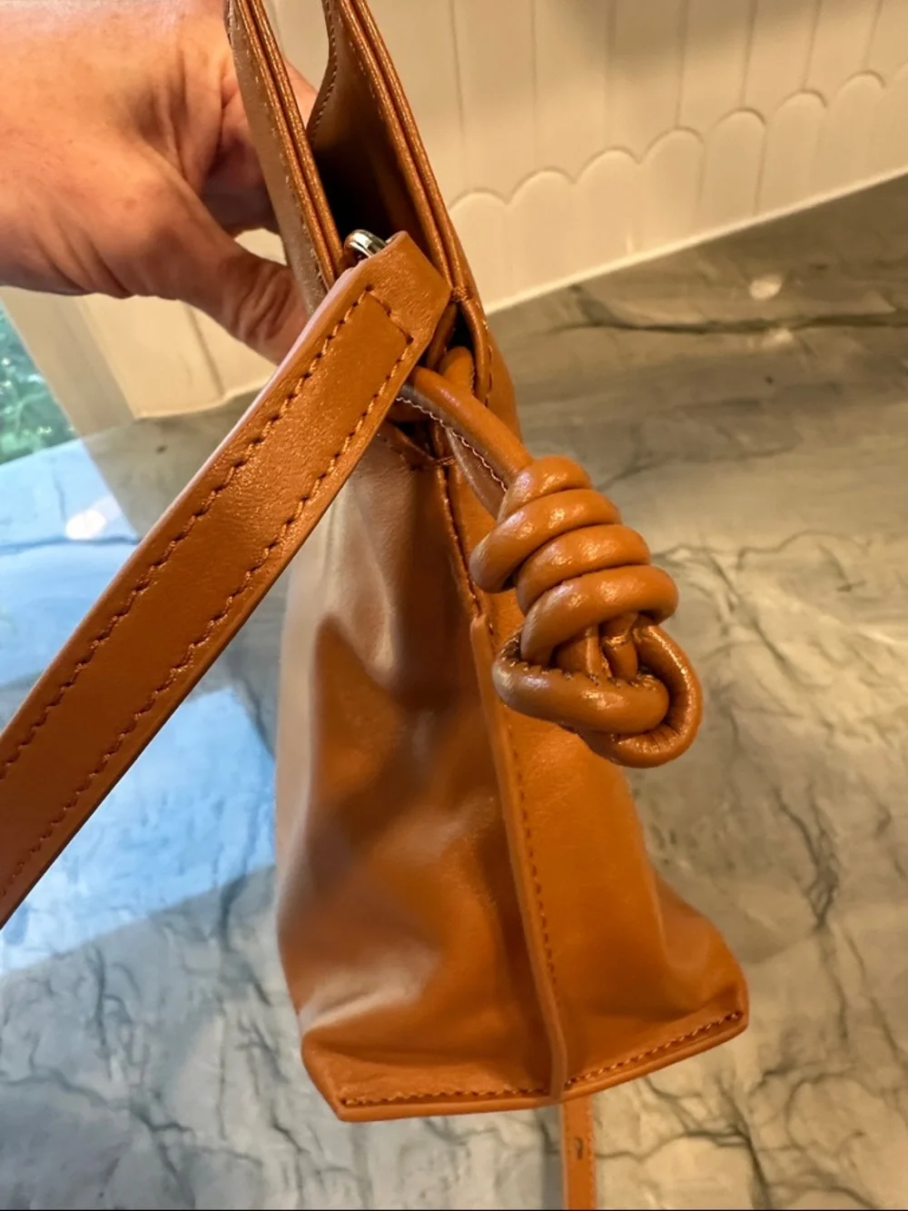 Quince Italian Leather Drawstring Pouch Crossbody Bag in Cognac - Picture 6 of 16